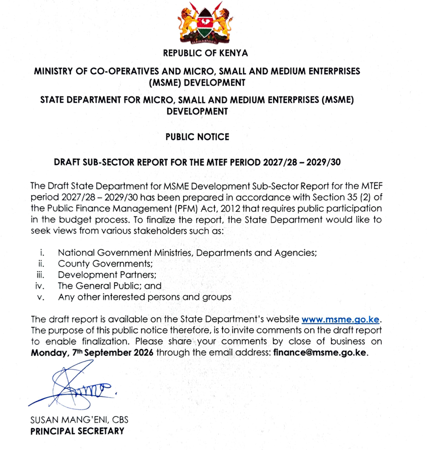 MSMEs Development Sub Sector Report MTEF Public Notice