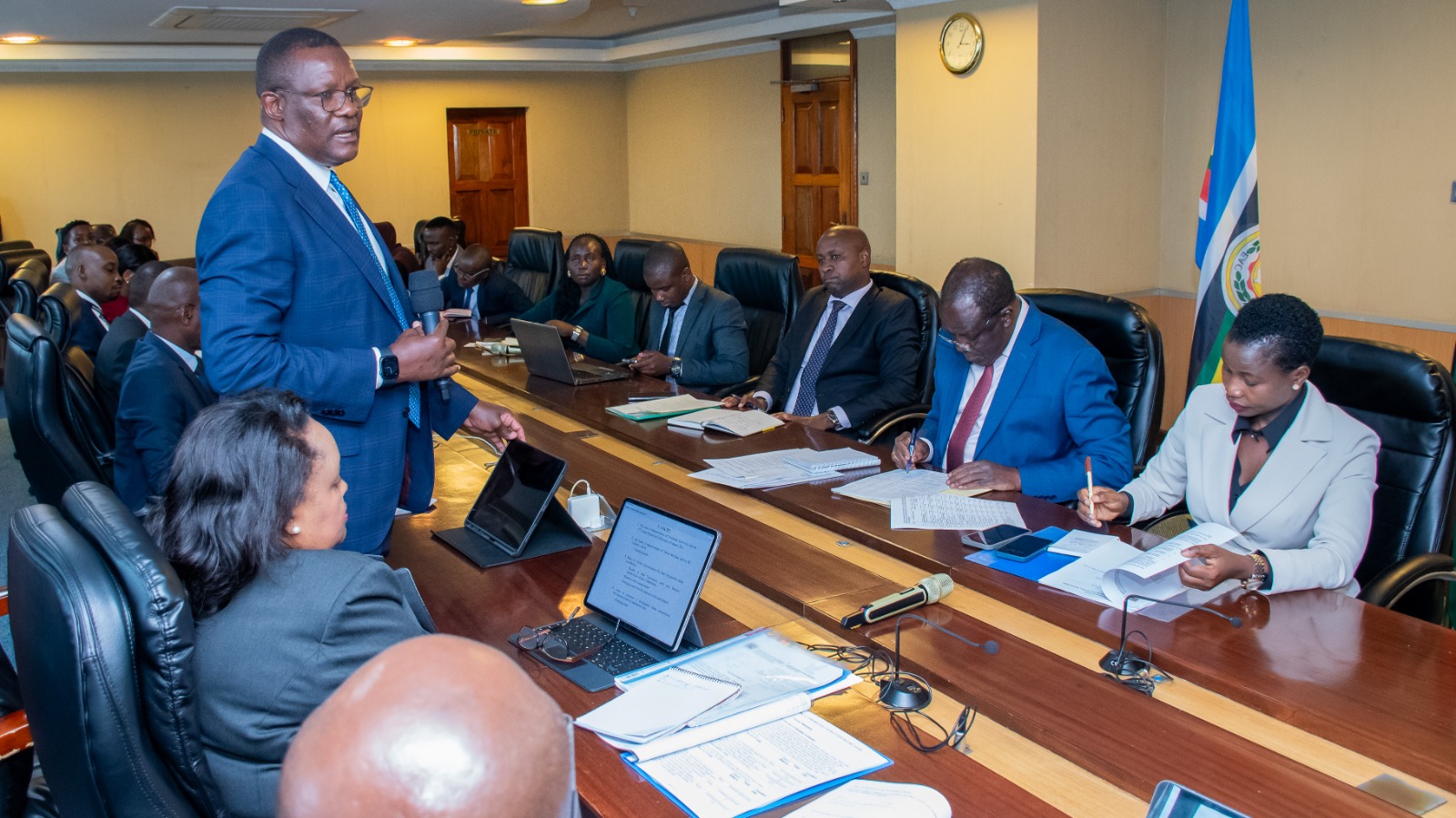 Deputy Chief of Staff, Performance and Delivery Management Mr. Eluid Owallo, FIHRM, FESK, EGH gives brief speech during the  joint press conference