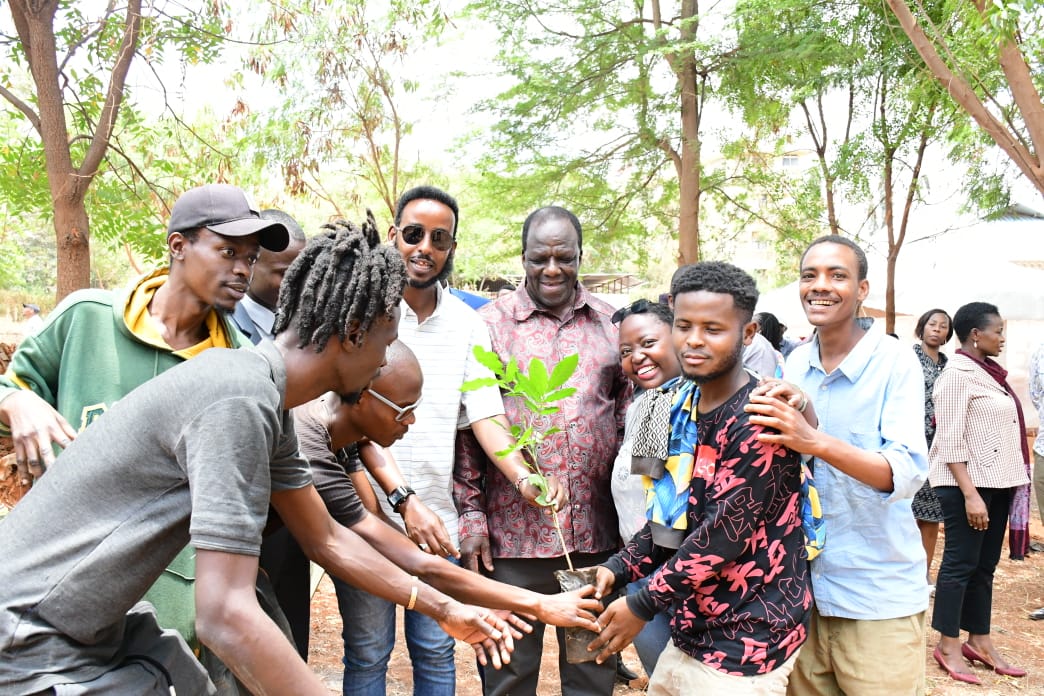 Hon. Wycliffe Oparanya prepares to plant a seedling whilst among youth