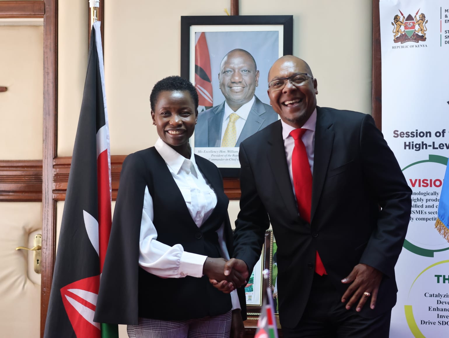 Principal Secretary Hon. Susan Mang'eni and State House Deputy Spokesperson Gabriel Muthuma pose for a photo after fruitful delibarations on fostering collaboration