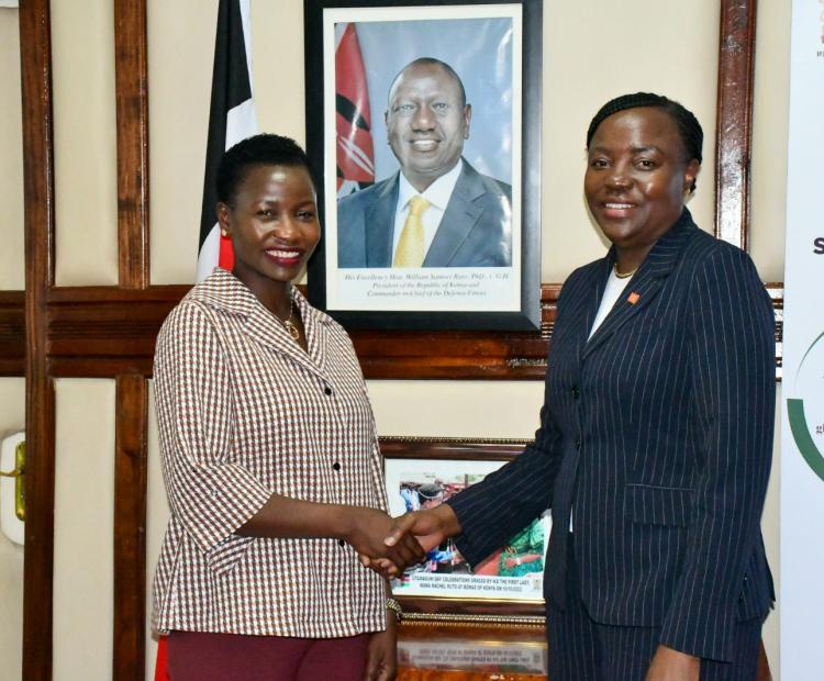 Director General EADB Madam Vivianne Yeda handshakes PS. MSME Development Hon. Mang'eni after discussions on strengthening MSME